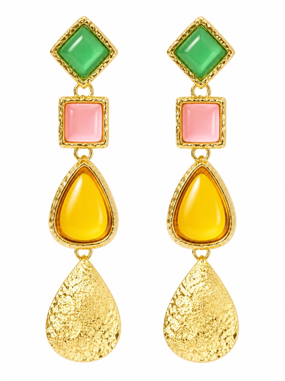 zara Gold-Tone Drop Earrings with Green, Pink & Yellow Stones